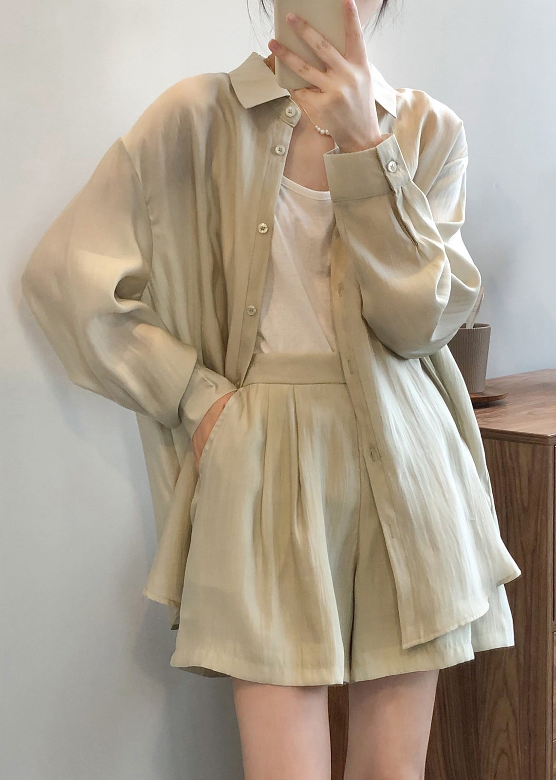 Silk Spring Lace Light Solid Pieces Women Two Up Green Set