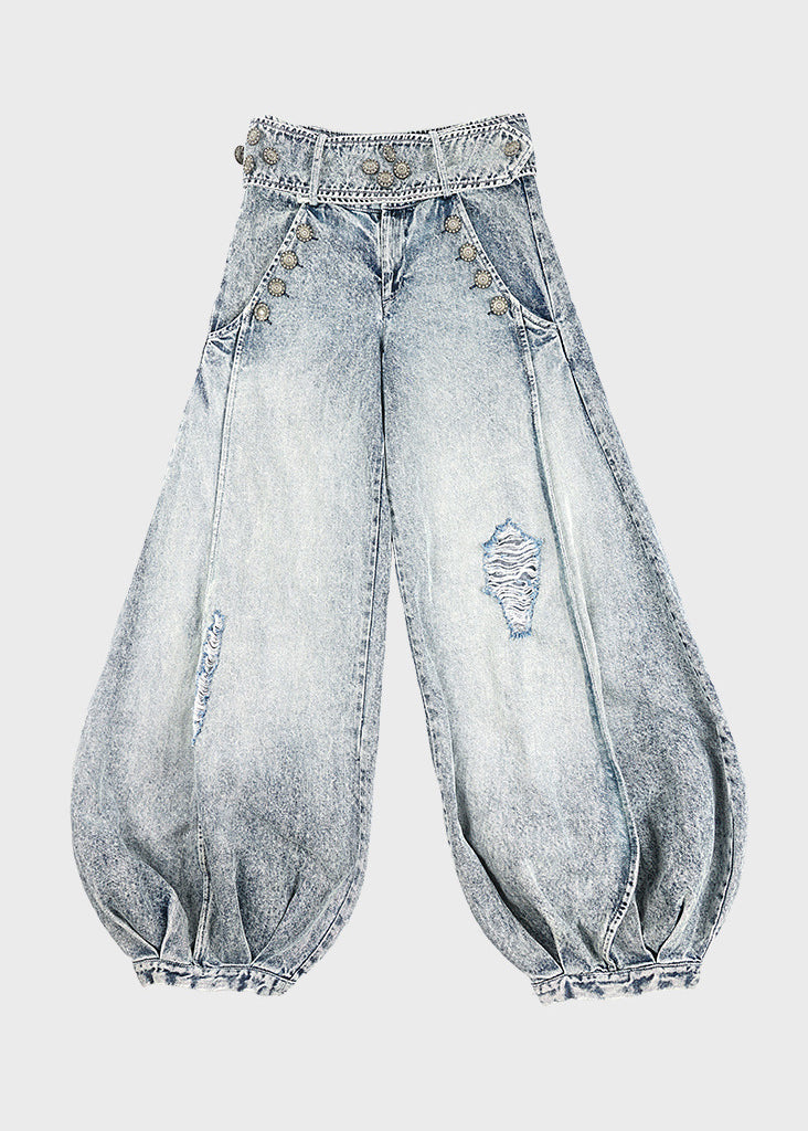 Pants Ripped Blue Wide Style Light Spring High Denim Waist Leg