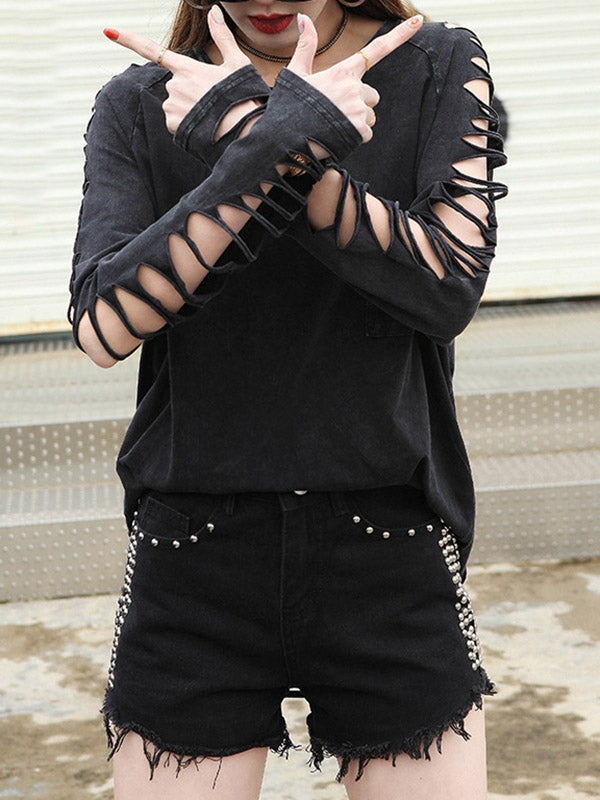 Black Sleeves Out Street T-shirt Long Loose Hollow Round-neck
