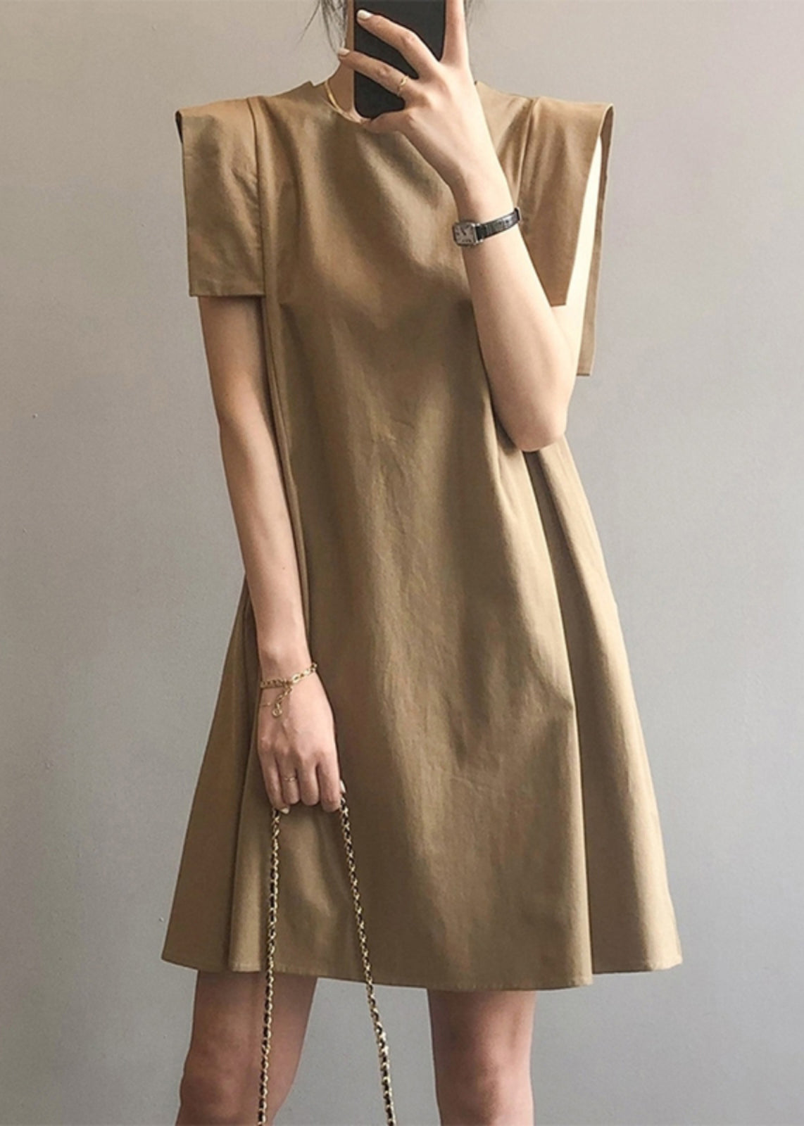 Sleeveless Elegant Dress Day Cotton O-Neck Khaki