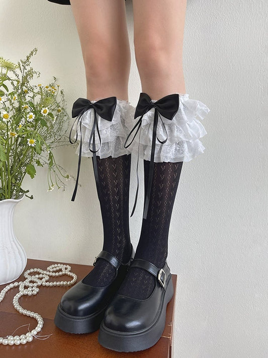 White/Black Heart Stockings Print Trims Bowknot Lace Underknee Ruffle