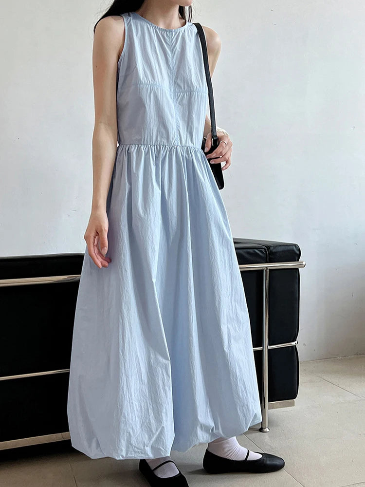 Simple Blue Puff Patchwork Dress Sleeveless O-neck Hem
