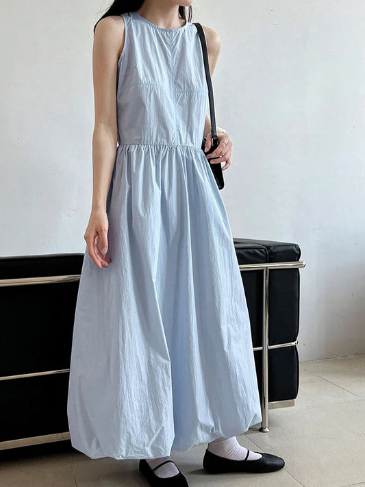 Simple Blue Puff Patchwork Dress Sleeveless O-neck Hem