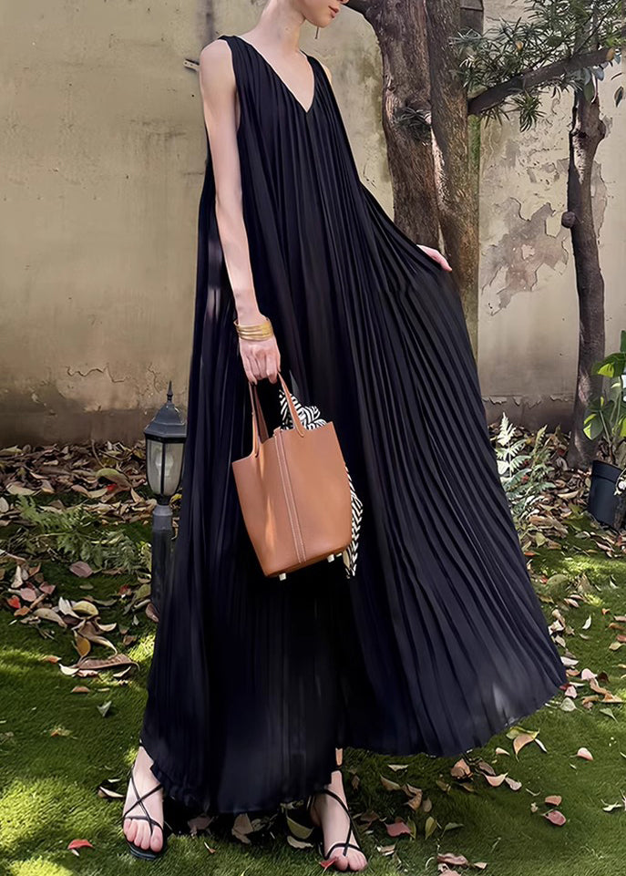 Summer Wrinkled Dresses V Neck Pockets Long Chiffon Black