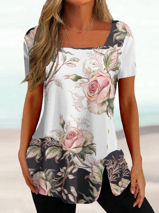 Casual Regular Fit Square Neck Floral T-Shirt ap68