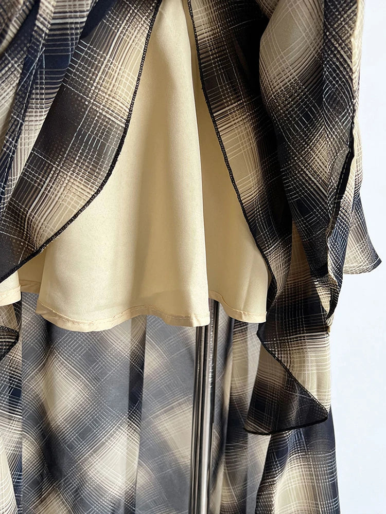 Khaki Top Plaid Asymmetric Halter Sleeveless Neck Uniaue High-Low