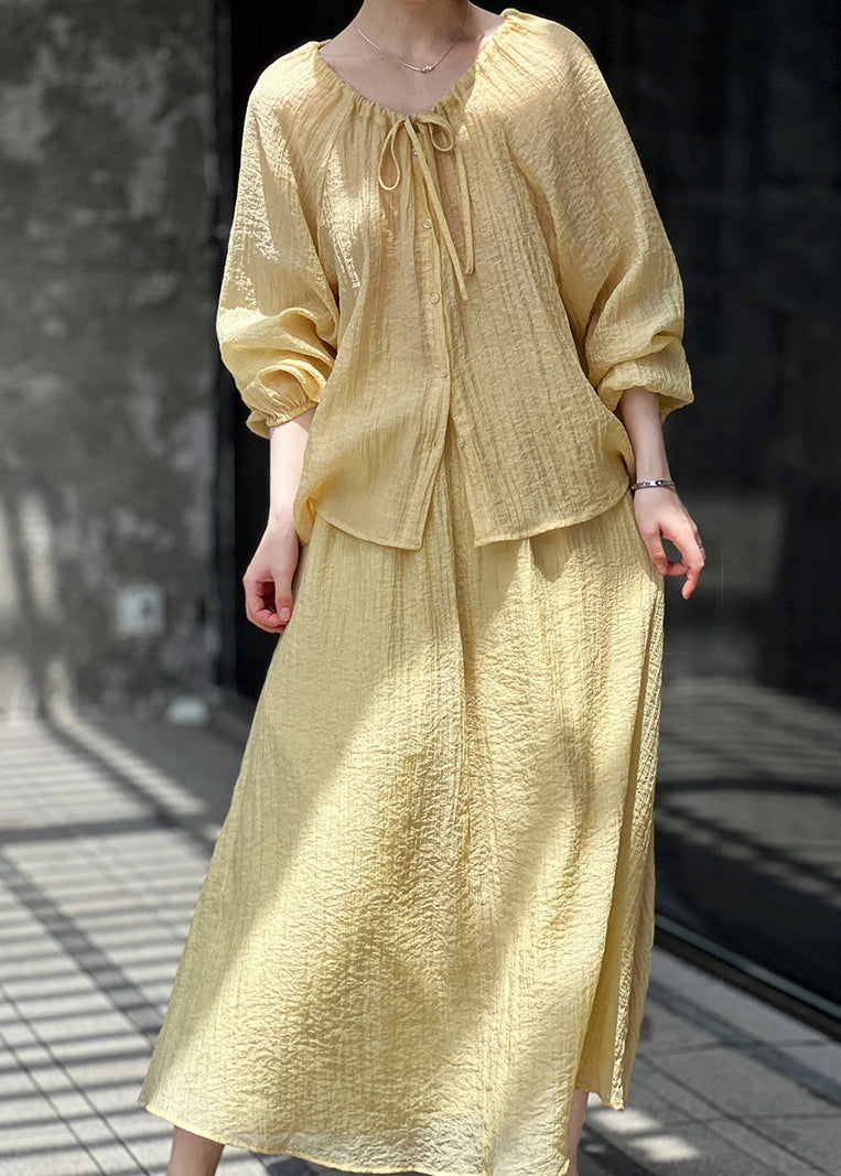 Yellow Tops Up Cotton Pieces French Skirts Lace Set Two And