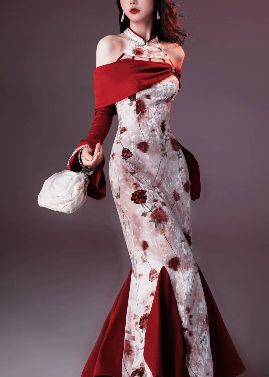 Fishtail Flare Chic Velvet Dresses Silk Red Print Patchwork