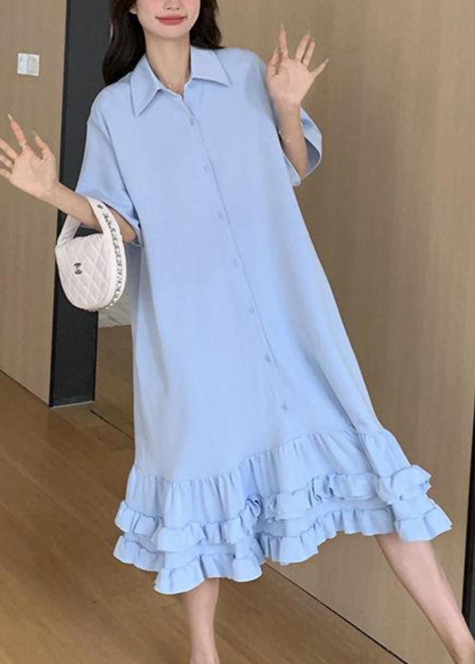 Dress Maxi Ruffled Pan Collar Short Women Blue Patchwork Peter
