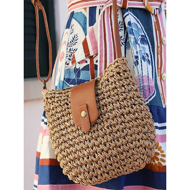 Women’s Bag Chic Leather - Strap Straw with Crossbody Woven