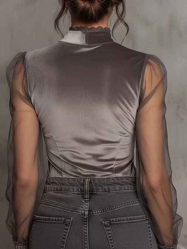 Women's Shirt Velvet Blouse Mesh Plain Vintage Stylish