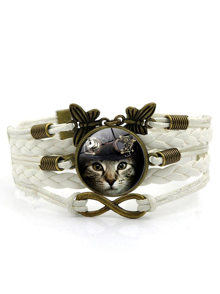 Casual Time Stone Cat Pattern Leather Multilayer Bracelet Fashion Women Jewelry cc30