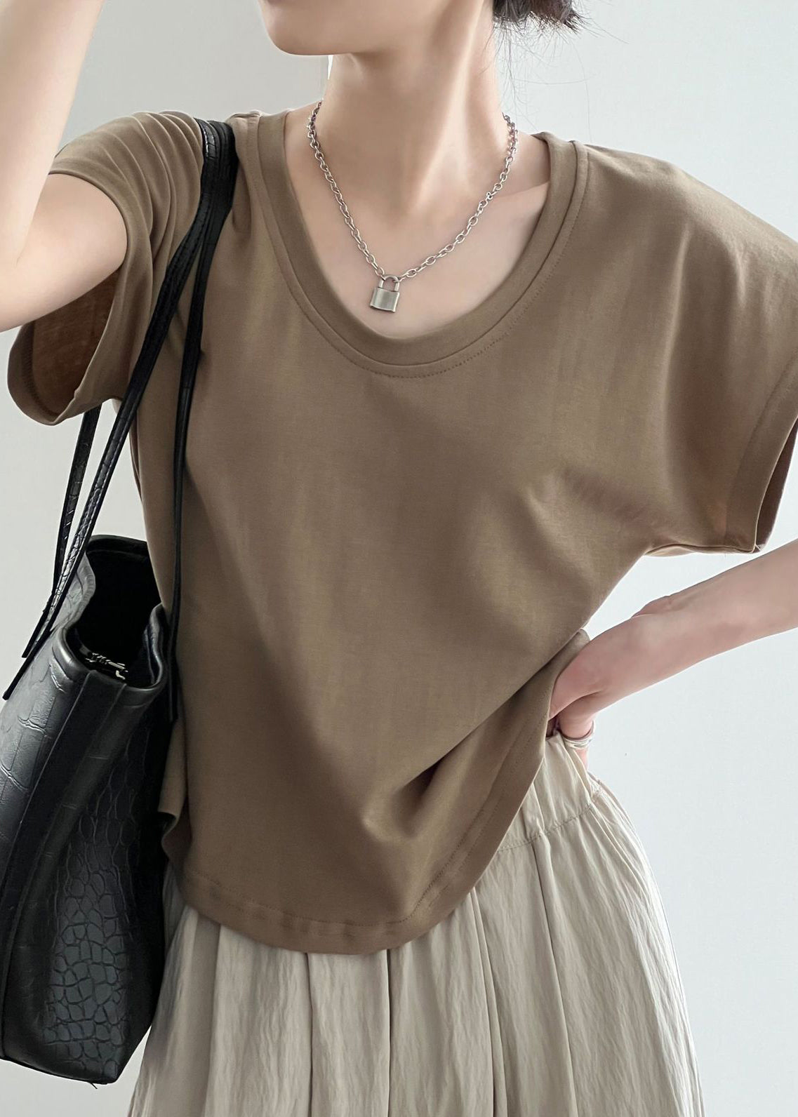 Shirt Coffee Cotton Simple Summer O Solid T Neck