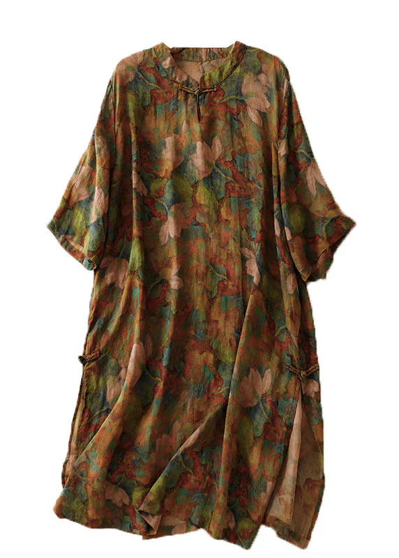 Grace Stand Collar Button Print Linen Dress Summer QR019