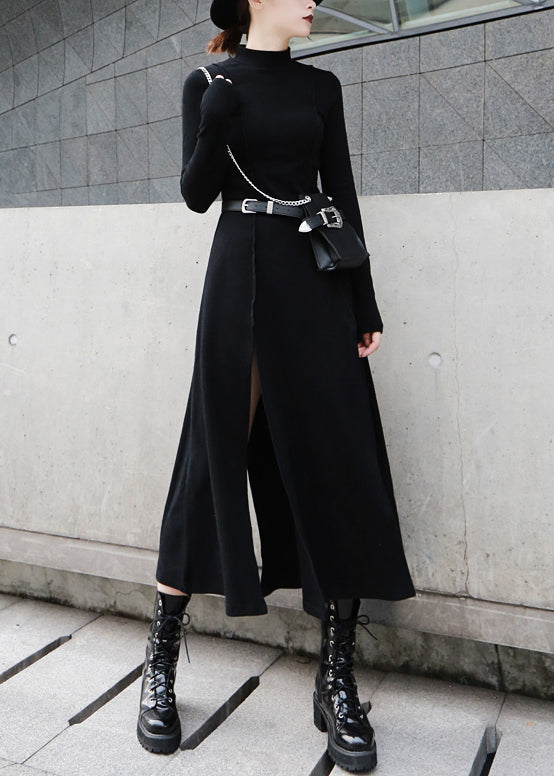 Cotton Open Long Waist Side Spring High Black Dresses