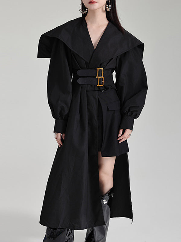 High Belted Pleated Lapel Long Black Asymmetric Waisted Modern
