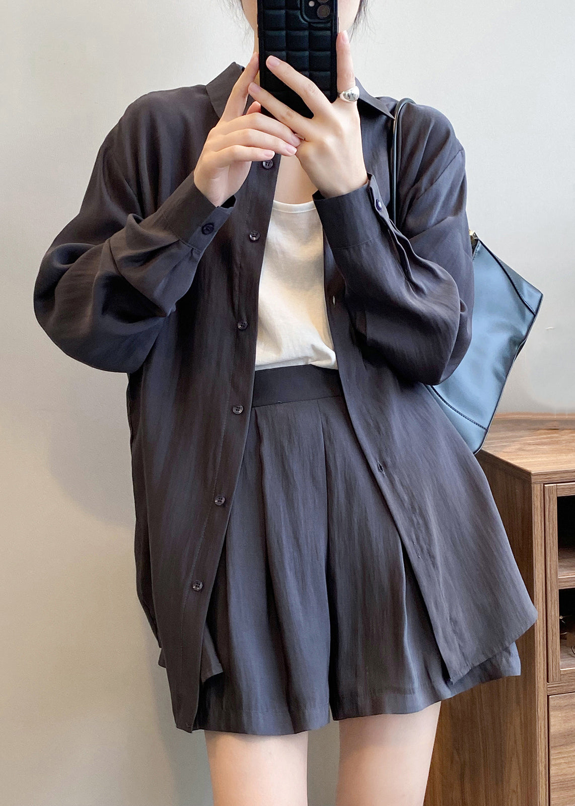 Gray Peter Solid Collar Two-Piece Pan Set Silk Spring Dark Button