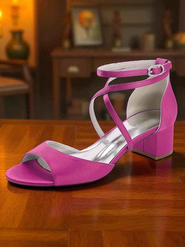 with Heel Satin - Block Ankle Sandals Women's Strap Elegant