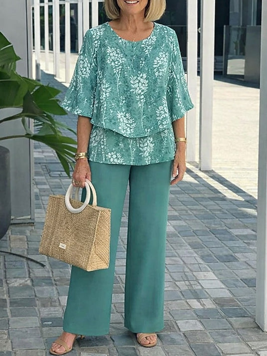 Women's Pants Sets Half Sleeve Butterfly Sleeve Round Neck