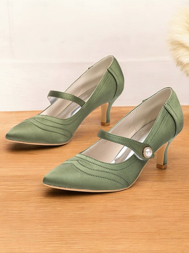 Elegant with Pearl - Button Mary Heels Jane Green Satin