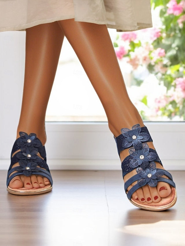 – Floral Sandals Elegant Flat Women's Beige Rhinestone