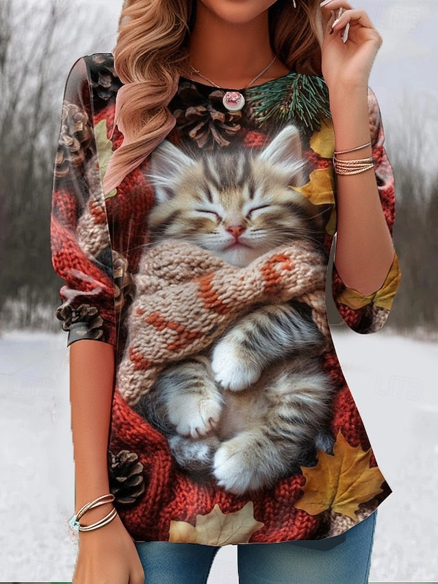 Easter Women's T Shirt Print Graphic Animal Cat Vintage