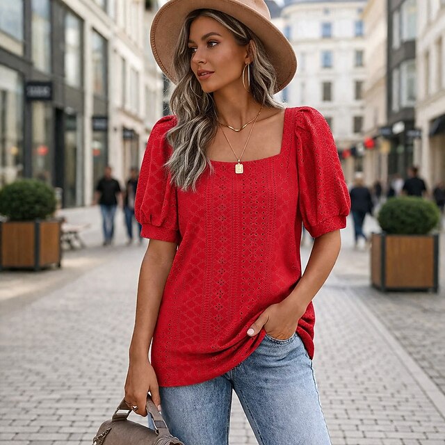 Women's Eyelet Top Pointelle Tee Textured Graphic Plants