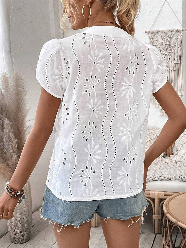 Women's Shirt Pointelle Shirt Eyelet Top Blouse Embroidered