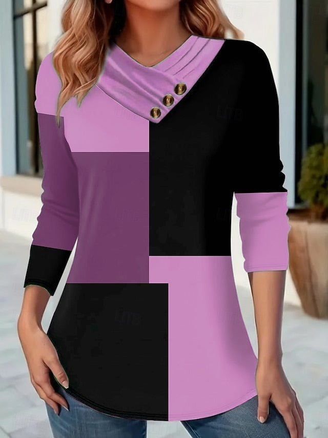 Women's T Shirt Buttons Print Graphic Geometric Color Block