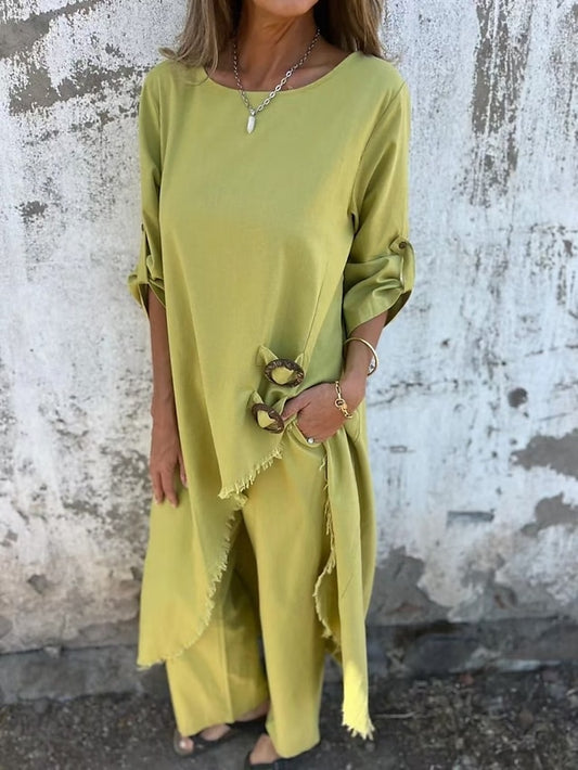 Women's Pants Sets Long Sleeve Crew Neck Solid Color