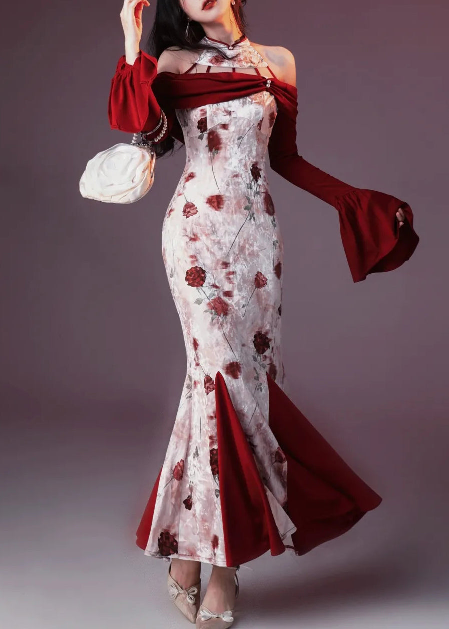 Fishtail Flare Chic Velvet Dresses Silk Red Print Patchwork