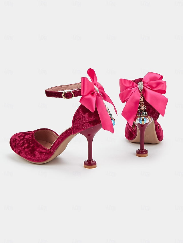 Mary Burgundy Jane Velvet and Big Women's with Heels Bow
