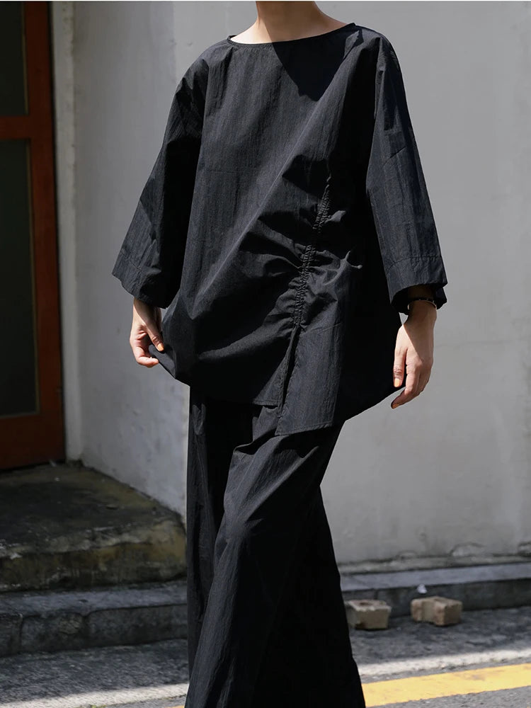 Cotton Asymmetrical Casual Sleeve Half Khaki Drawstring Top