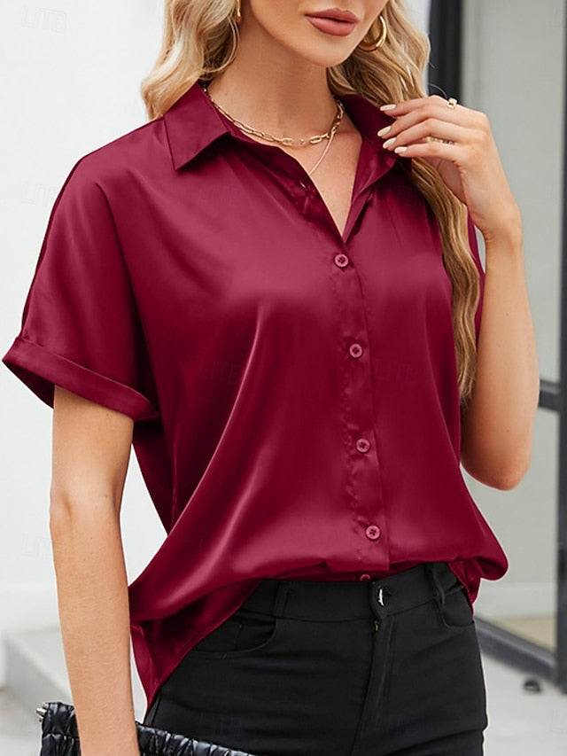 Women's Shirt Elegant Dressy Satin Top Buttons Solid Color