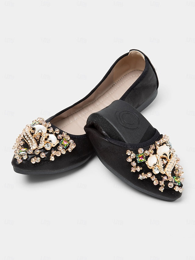 with Rhinestone Foldable Flats Black Women's  Ballet