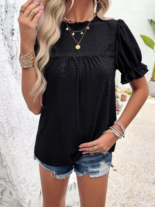 Women's Eyelet Embroidery T Shirts Ruched Ruffle Solid