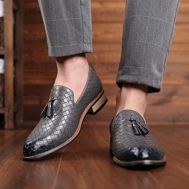 Leather Tassel Black Loafers Faux Men's Detail with Woven
