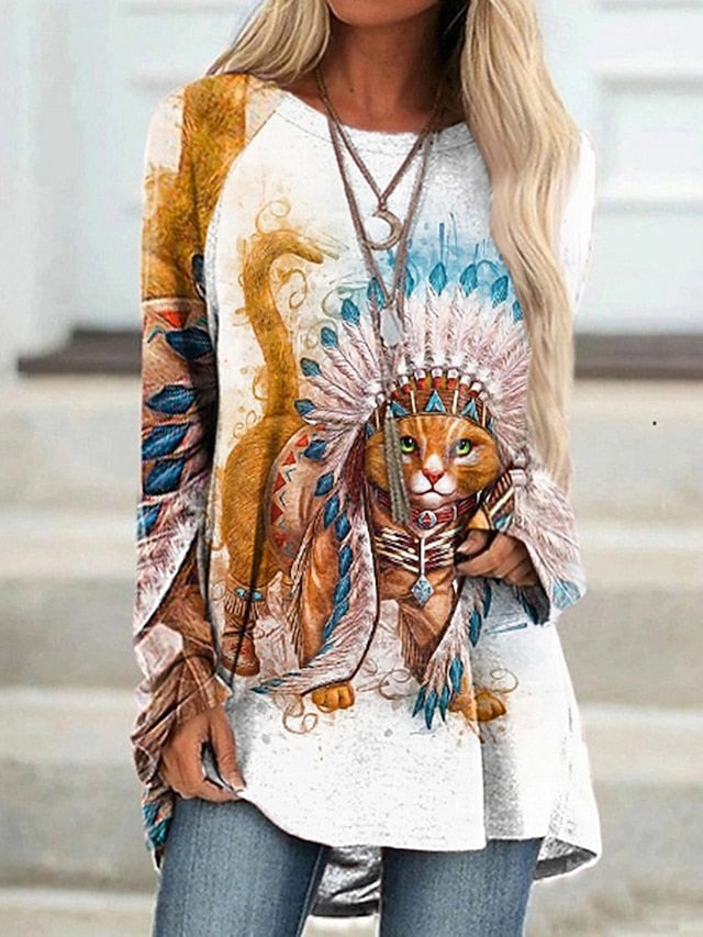 Women's T shirt Long Sleeve Graphic Animal Cat Vintage