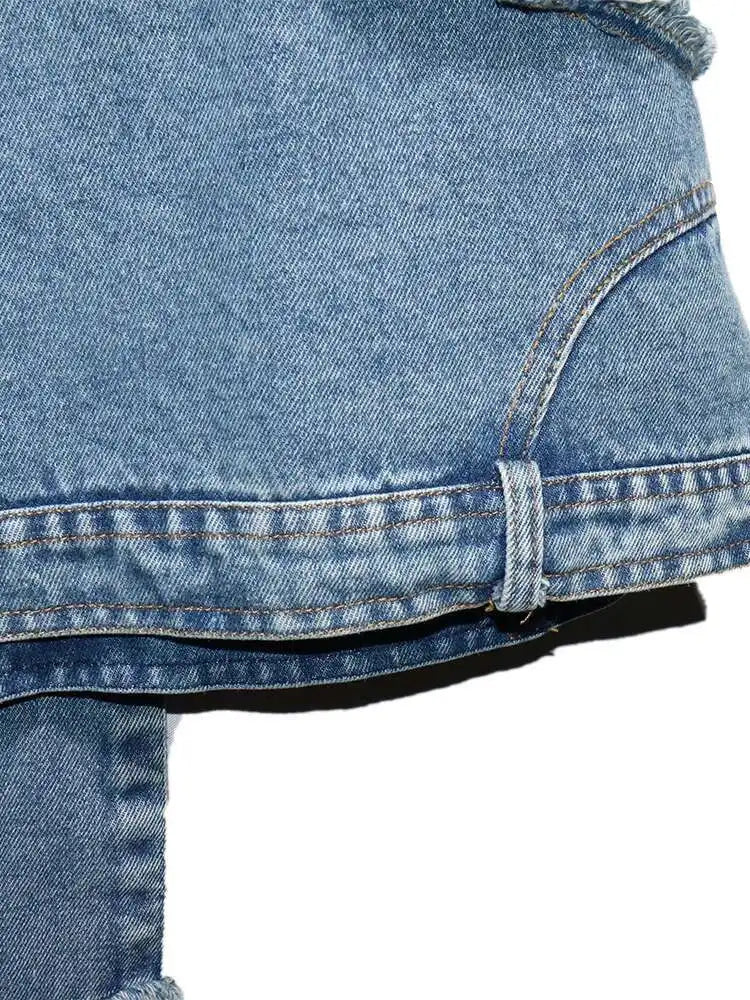 Short Street Sleeve O-neck Denim Patchwork White Hem T-Shirt