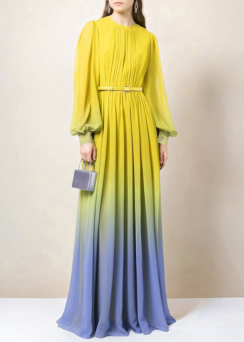 Fall Dress Button Chiffon Wrinkled Gradient Italian Ankle Color