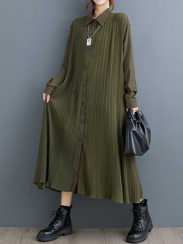 Stylish Army Green Lapel Buttoned Pleated Pockets Long Sleeves Shirt Dress WS001