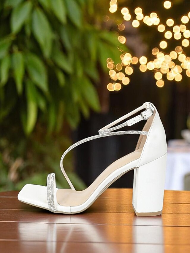 White - Straps Heel with Rhinestone Block Women's Sandals