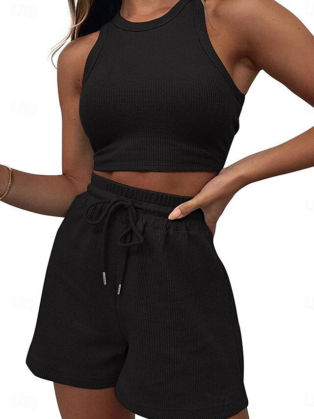 Women's Shorts Sets Sleeveless Crew Neck Solid Color