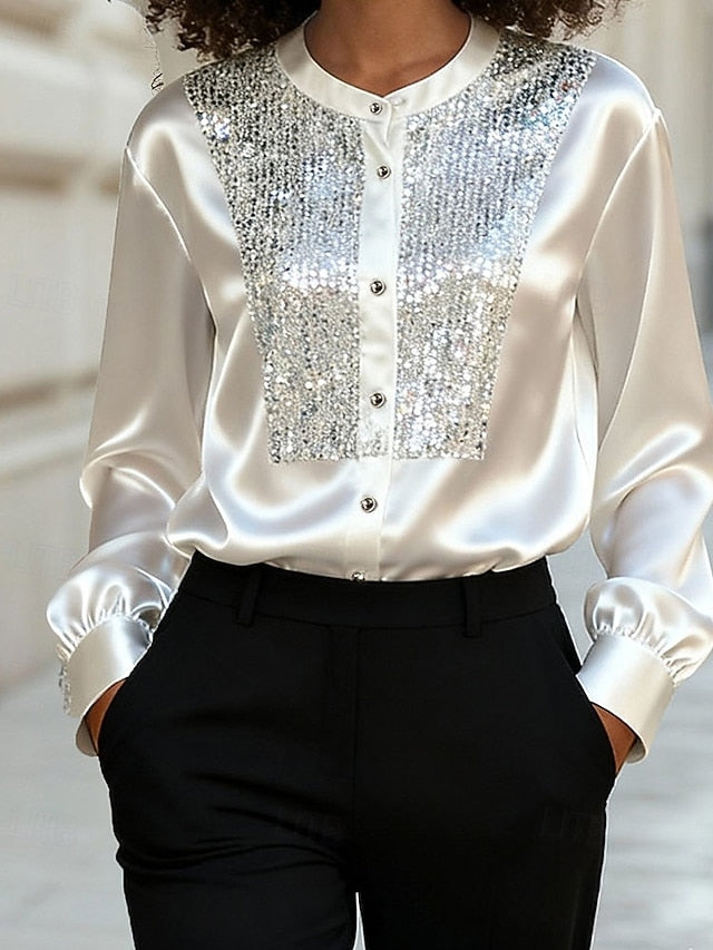 Women's Shirt Elegant Satin Top Blouse Sequins Buttons