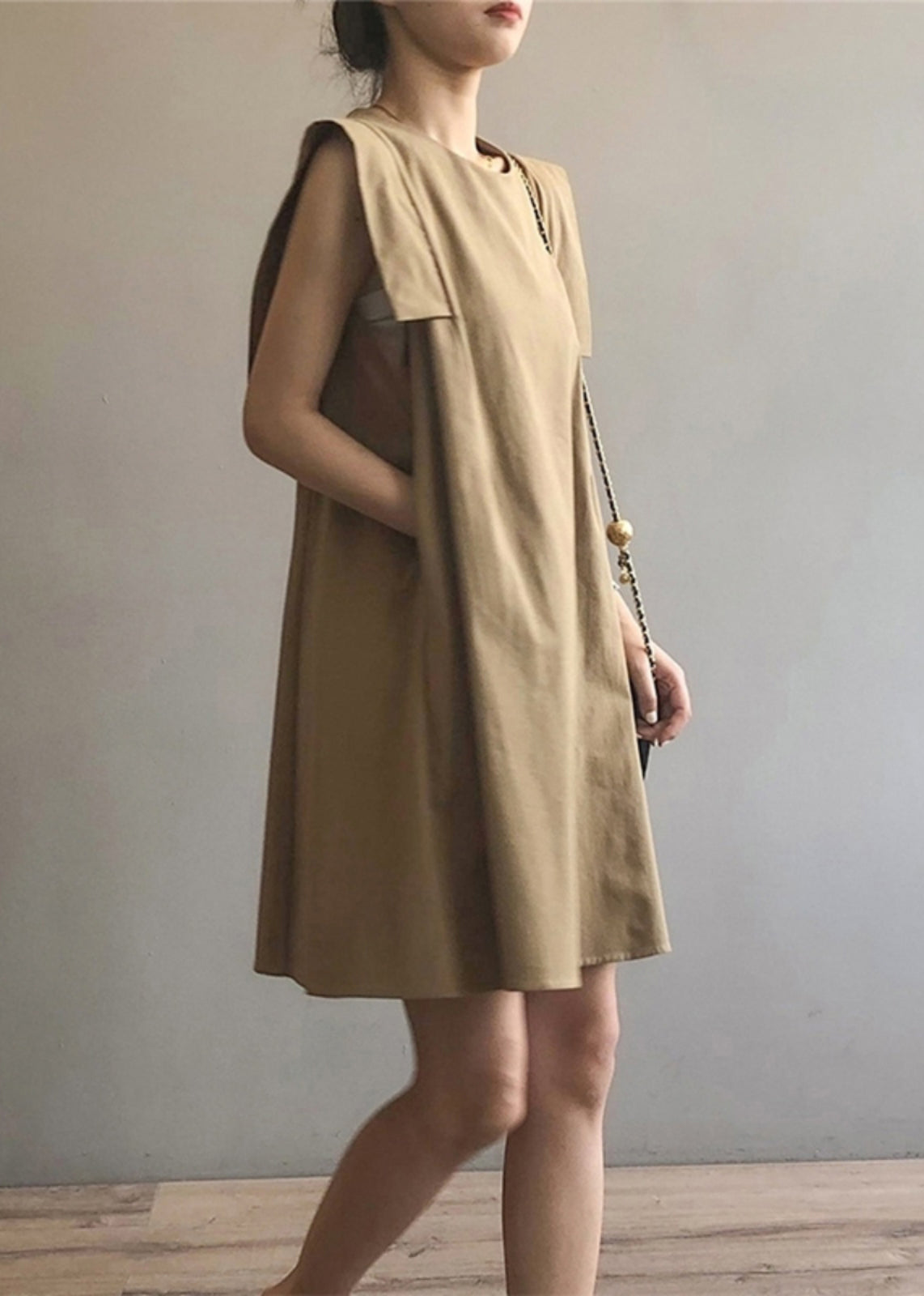 Sleeveless Elegant Dress Day Cotton O-Neck Khaki