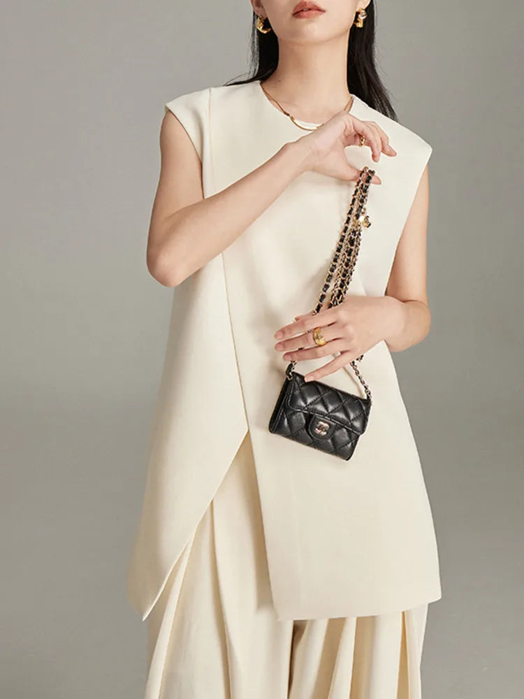 O-neck Cream Slit Sleeveless Modern Top Tunic Hem