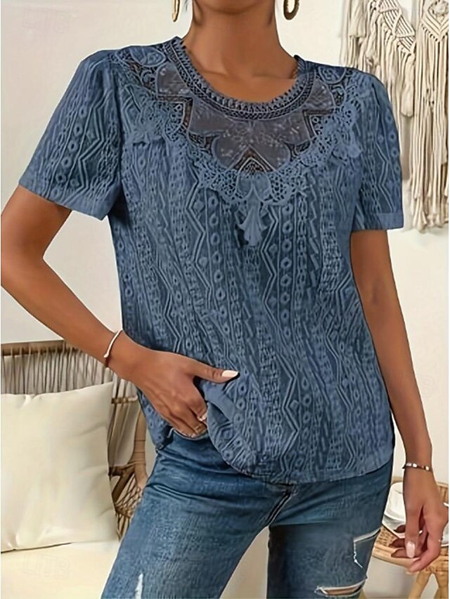 Women's T Shirt Lace Patchwork Plain Fashion Modern Casual