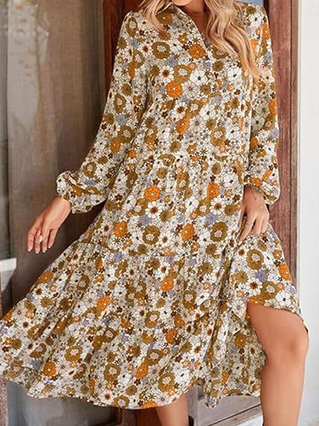 Women's Floral Split Neck Midi Dress Long Sleeve Summer