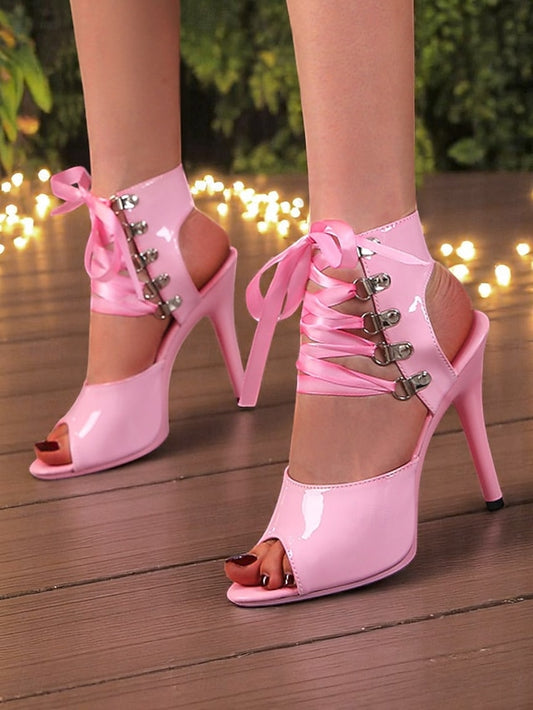 - Lace-Up Sexy Cutout Patent Women's Stiletto Sandals Black