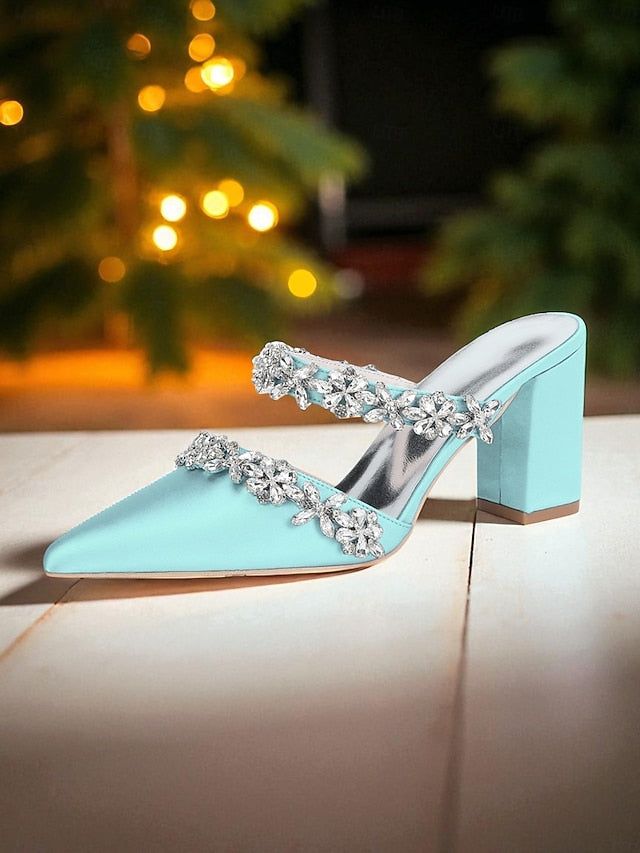 Women's Mules Rhinestone Floral Heel Black Block Satin with